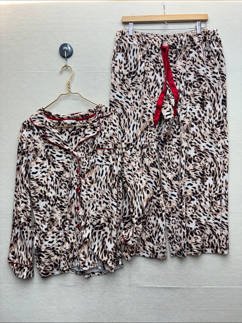Soma Leopard Print Pajama Set with Red Trim XL